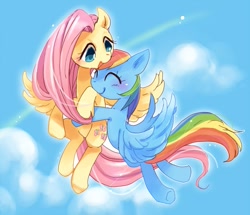 Size: 627x540 | Tagged: dead source, safe, artist:pasikon, character:fluttershy, character:rainbow dash, species:pegasus, species:pony, ship:flutterdash, g4, blushing, cloud, cloudy, cute, eyes closed, female, flying, hug, lesbian, open mouth, pixiv, shipping, sky, smiling, spread wings, wings