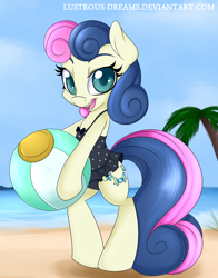 Size: 3300x4200 | Tagged: safe, artist:lustrous-dreams, character:bon bon, character:sweetie drops, species:pony, beach, beach ball, bipedal, clothing, female, one-piece swimsuit, solo, swimsuit