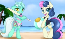 Size: 1988x1204 | Tagged: source needed, safe, artist:lustrous-dreams, edit, character:bon bon, character:lyra heartstrings, character:sweetie drops, species:earth pony, species:pony, species:unicorn, g4, beach, beach ponies, bikini, bipedal, clothing, colored eyebrows, colored pupils, eyebrows, female, looking at you, mare, merge, one-piece swimsuit, open mouth, open smile, photoshop, skyline, smiling, swimsuit, three quarter view