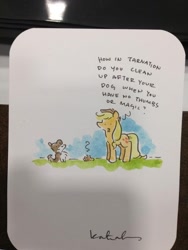 Size: 600x800 | Tagged: safe, artist:katiecandraw, character:applejack, character:winona, species:dog, species:earth pony, species:pony, dialogue, female, indeed, katie does it again, mare, poop, traditional art, unopposable hooves