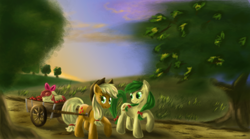 Size: 1800x1000 | Tagged: safe, artist:ardail, character:apple bloom, character:apple fritter, character:applejack, apple, apple family member, cart, sleeping