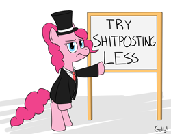 Size: 1608x1262 | Tagged: safe, artist:rapidstrike, character:pinkie pie, species:pony, bipedal, clothing, female, shitposting, sign, solo, suit, vulgar
