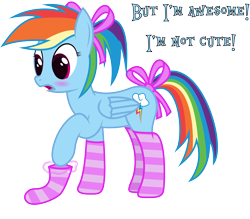 Size: 7025x6167 | Tagged: safe, artist:joey, character:rainbow dash, absurd resolution, alternate hairstyle, blushing, bow, clothing, cute, dashabetes, female, i'm not cute, magic, socks, solo, striped socks, tail bow