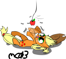 Size: 1876x1679 | Tagged: safe, artist:mushroomcookiebear, character:applejack, species:pony, apple, applecat, behaving like a cat, cute, eyes on the prize, female, flailing, happy, jackabetes, on back, silly, silly pony, smiling, solo, swatting, that pony sure does love apples, who's a silly pony