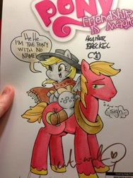 Size: 768x1024 | Tagged: safe, artist:angieness, artist:katiecandraw, character:big mcintosh, character:derpy hooves, species:earth pony, species:pony, clint eastwood, clothing, dialogue, hat, katie does it again, male, meta, movie reference, ponies riding ponies, riding, speech bubble, stallion, that one nameless background pony we all know and love, the man with no name, the pony with no name, traditional art