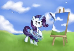 Size: 3000x2093 | Tagged: dead source, safe, artist:vird-gi, character:rarity, species:bird, species:pony, species:seagull, species:unicorn, easel, female, magic, paintbrush, painting, palette, plein air, solo, tongue out