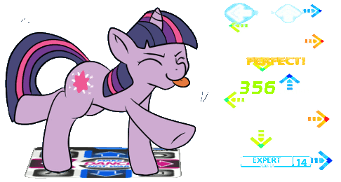 Size: 486x260 | Tagged: safe, artist:lustrous-dreams, edit, character:twilight sparkle, ask filly twilight, animated, blep, blue background, dance dance revolution, dancing, do the sparkle, eyes closed, female, raised hoof, raised leg, rhythm game, simple background, smiling, solo, stepmania, tongue out, transparent, transparent background