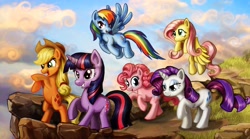 Size: 2160x1200 | Tagged: safe, artist:harwick, character:applejack, character:fluttershy, character:pinkie pie, character:rainbow dash, character:rarity, character:twilight sparkle, character:twilight sparkle (unicorn), species:earth pony, species:pegasus, species:pony, species:unicorn, g4, cloud, female, flying, mane six, mare, photoshop, rearing, wallpaper
