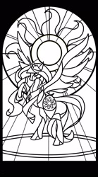 Size: 1200x2160 | Tagged: safe, artist:harwick, character:princess celestia, species:alicorn, species:pony, g4, female, lineart, mare, monochrome, photoshop, rearing, solo, stained glass