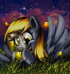 Size: 1000x1052 | Tagged: safe, artist:harwick, character:derpy hooves, species:pegasus, species:pony, cloud, female, firefly, grass, happy, jar, mare, night, photoshop, scrunchy face, solo, stars