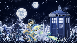 Size: 1280x720 | Tagged: safe, artist:saturnspace, character:derpy hooves, character:doctor whooves, character:time turner, species:pegasus, species:pony, ship:doctorderpy, female, glasses, hourglass, male, mare, moon, shipping, straight, tardis