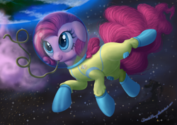 Size: 2000x1414 | Tagged: safe, artist:deathpwny, character:pinkie pie, species:earth pony, species:pony, astronaut, chocolate rain, cloud, cotton candy, cotton candy cloud, crazy straw, detailed, earth, female, food, solo, space, space suit