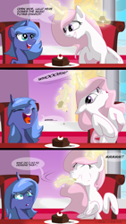 Size: 1080x1920 | Tagged: safe, artist:lunarcakez, character:princess celestia, character:princess luna, species:alicorn, species:pony, comic:the cake, cake, cakelestia, cewestia, comic, crying, cute, eating, eyes closed, feeding, female, filly, floppy ears, food, grin, levitation, lunabuse, magic, mare, open mouth, pink-mane celestia, puffy cheeks, pure unfiltered evil, raised hoof, sitting, smiling, table, teasing, telekinesis, tongue out, trollestia, woona, younger