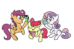 Size: 1200x800 | Tagged: safe, artist:otterlore, character:apple bloom, character:scootaloo, character:sweetie belle, species:pegasus, species:pony, cutie mark crusaders, ponified, simple background, the powerpuff girls, toy, transparent background