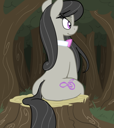 Size: 500x561 | Tagged: safe, artist:elslowmo, artist:reiduran, character:octavia melody, species:earth pony, species:pony, bow, bow tie, butts on tree stumps, female, mare, plot, sitting, smiling, solo, treblebutt, tree stump