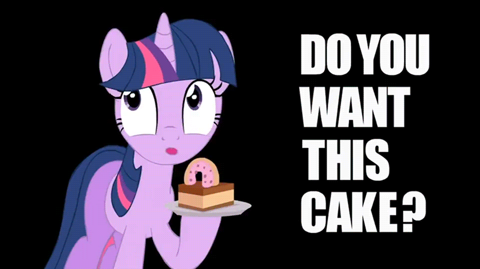 Size: 958x538 | Tagged: safe, artist:mrponiator, character:princess celestia, character:twilight sparkle, angry, animated, black background, cake, cakelestia, do you want this cake, donut, eyeroll, female, food, glare, gritted teeth, harry partridge, hoof hold, nicolas cage, open mouth, simple background, smiling, teasing, wide eyes