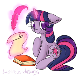 Size: 1000x1000 | Tagged: safe, artist:lustrous-dreams, character:twilight sparkle, character:twilight sparkle (unicorn), species:pony, species:unicorn, book, female, glowing horn, horn, magic, mare, quill, scroll, smiling, solo, telekinesis