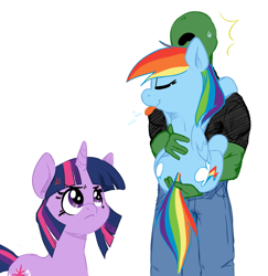 Size: 1771x1825 | Tagged: safe, artist:elslowmo, artist:zonkpunch, character:rainbow dash, character:twilight sparkle, oc, oc:anon, species:human, species:pegasus, species:pony, species:unicorn, clothing, cross-popping veins, cute, dashabetes, holding a pony, jealous, pants, raspberry, shirt, sweat, sweatdrop, taunting