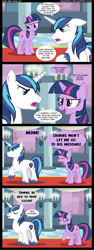 Size: 1143x3050 | Tagged: safe, artist:veggie55, character:shining armor, character:twilight sparkle, character:twilight sparkle (unicorn), species:pony, species:unicorn, episode:a canterlot wedding, g4, my little pony: friendship is magic, alternate scenario, brother and sister, comic, female, implied twilight velvet, male, mare, sibling rivalry, siblings, stallion, tongue out