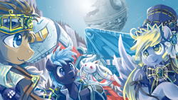 Size: 800x450 | Tagged: safe, artist:saturnspace, character:derpy hooves, character:doctor whooves, character:star hunter, character:time turner, species:pegasus, species:pony, clockwise whooves, :3, clockpunk, crossover, death star, female, incubator (species), jack harkness, kyubey, mare, puella magi madoka magica, sky lynx, star wars, transformers