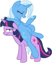 Size: 4020x4880 | Tagged: safe, artist:discommunicator, artist:kooner-cz, character:trixie, character:twilight sparkle, character:twilight sparkle (unicorn), species:pony, species:unicorn, g4, absurd resolution, female, hilarious in hindsight, inconvenient trixie, mare, messy mane, ponies riding ponies, simple background, transparent background, unamused, vector