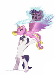 Size: 500x683 | Tagged: safe, artist:cosmicunicorn, character:princess cadance, character:shining armor, character:twilight sparkle, character:twilight sparkle (alicorn), species:alicorn, species:pony, bipedal, epic, epic wife tossing, fastball special, female, goggles, grin, gritted teeth, mare, silly, smiling, spread wings, wings