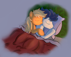 Size: 1280x1024 | Tagged: safe, artist:tggeko, character:applejack, character:soarin', ship:soarinjack, bed, chest fluff, cuddling, female, hatless, loose hair, male, missing accessory, shipping, sleeping, spooning, straight