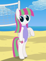 Size: 774x1032 | Tagged: safe, artist:joey, character:blossomforth, species:pony, beach, bipedal, clothing, female, freckles, one-piece swimsuit, solo, swimsuit, volleyball