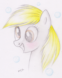 Size: 873x1093 | Tagged: safe, artist:vird-gi, character:derpy hooves, species:pegasus, species:pony, bubble, female, mare, portrait, solo, traditional art