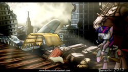 Size: 1191x670 | Tagged: safe, artist:bonaxor, character:twilight sparkle, ak-74, bygone civilization, city, clothing, dystopia, female, future, gas mask, gun, jacket, metro 2033, post-apocalyptic, rifle, russian, solo