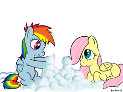 Size: 900x675 | Tagged: safe, artist:aa, character:fluttershy, character:rainbow dash, species:pegasus, species:pony, cloud, cloud sculpting, female, filly, filly fluttershy, filly rainbow dash, simple background, white background, younger