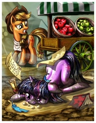 Size: 1250x1603 | Tagged: safe, artist:harwick, character:applejack, character:rainbow dash, character:twilight sparkle, apple, apple cart, basket, book, cart, crash, dirty, feather, hit and run, list, messy, mud, scroll, twilight is not amused, unamused, working