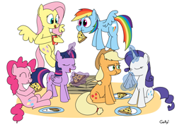 Size: 2815x1993 | Tagged: safe, artist:rapidstrike, character:applejack, character:fluttershy, character:pinkie pie, character:rainbow dash, character:rarity, character:twilight sparkle, character:twilight sparkle (alicorn), species:alicorn, species:pony, can, drink, eating, female, food, magic, mane six, mare, napkin, party, pizza, plate, soda, telekinesis