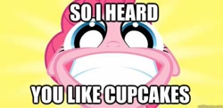 Size: 750x363 | Tagged: safe, artist:misterdavey, character:pinkie pie, cupcake, female, image macro, smile hd, solo