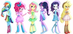 Size: 5400x2500 | Tagged: safe, artist:vird-gi, character:applejack, character:fluttershy, character:pinkie pie, character:rainbow dash, character:rarity, character:twilight sparkle, my little pony:equestria girls, alternate hairstyle, clothing, dress, mane six, redesign, sleeveless