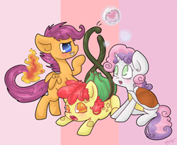 Size: 1100x900 | Tagged: safe, artist:otterlore, character:apple bloom, character:scootaloo, character:sweetie belle, species:pegasus, species:pony, :o, apple, blushing, bulbasaur, charmander, clothing, costume, crossover, cute, cutie mark crusaders, fire, grin, magic, pokefied, pokémon, shell, sitting, smiling, smirk, species swap, squirtle, telekinesis, turtle, vine