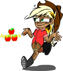 Size: 1177x1336 | Tagged: safe, artist:mushroomcookiebear, character:applejack, species:human, boots, female, freckle overload, freckles, humanized, messy hair, shrug, solo, tanned