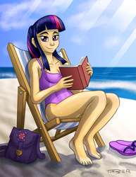 Size: 835x1080 | Tagged: safe, artist:pluckyninja, character:twilight sparkle, species:human, barefoot, beach, clothing, feet, female, flip-flops, humanized, one-piece swimsuit, sandals, solo, swimsuit