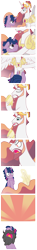 Size: 626x4204 | Tagged: safe, artist:wicklesmack, character:princess celestia, character:twilight sparkle, oc:dusk shine, species:alicorn, species:pony, species:unicorn, beard, comic, duo, eyes closed, facial hair, floppy ears, glowing horn, lidded eyes, looking at each other, looking down, looking up, open mouth, prince solaris, raised hoof, rule 63, spread wings, wings