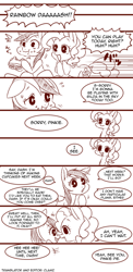 Size: 500x1028 | Tagged: safe, artist:umeguru, character:pinkie pie, character:rainbow dash, species:earth pony, species:pegasus, species:pony, comic, empty eyes, jealous, monochrome, no catchlights, this will end in tears and/or death, yandere