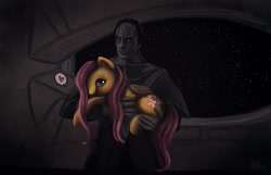 Size: 1300x839 | Tagged: dead source, safe, artist:cosmicunicorn, character:fluttershy, species:pegasus, species:pony, g4, blushing, cardassian, crossover, deep space nine, ds9, duo, female, gul dukat, hair over one eye, heart, holding a pony, looking at you, mare, signature, space, star trek