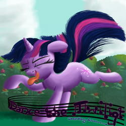 Size: 1000x1000 | Tagged: safe, artist:deathpwny, character:twilight sparkle, species:pony, species:unicorn, dancing, do the sparkle, eyes closed, female, mare, music notes, solo, tongue out