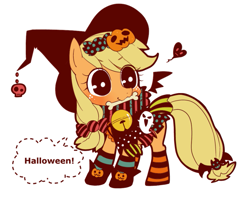 Size: 887x708 | Tagged: safe, artist:umeguru, artist:うめのぐるぐる三世, part of a set, character:applejack, bell, bell collar, bone, bow, clothing, collar, costume, female, halloween, hat, heart, mouth hold, pixiv, simple background, solo, suit, witch hat