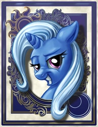 Size: 700x900 | Tagged: safe, artist:harwick, character:trixie, species:pony, species:unicorn, bedroom eyes, female, grin, harwick's sun/moon portraits, looking at you, mare, portrait, smiling, smirk, solo