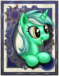 Size: 700x900 | Tagged: safe, artist:harwick, character:lyra heartstrings, species:pony, species:unicorn, bust, excited, female, grin, harwick's sun/moon portraits, portrait, smiling, solo