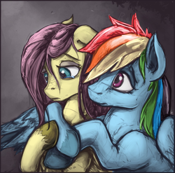 Size: 904x893 | Tagged: safe, artist:allosaurus, artist:bantha, edit, character:fluttershy, character:rainbow dash, species:pegasus, species:pony, ship:flutterdash, colored, comforting, female, hug from behind, lesbian, mare, sad, shipping