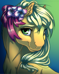 Size: 743x927 | Tagged: safe, artist:kittehkatbar, character:applejack, female, flower, flower in hair, looking at you, portrait, solo, three quarter view