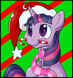 Size: 422x452 | Tagged: safe, artist:lustrous-dreams, character:twilight sparkle, species:pony, candy cane, christmas, clothing, female, hat, mare, santa hat, scarf, smiling, solo, striped scarf