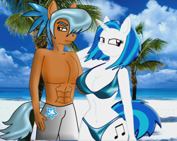 Size: 1280x1024 | Tagged: safe, artist:darpie, artist:odiz, character:dj pon-3, character:vinyl scratch, oc, species:anthro, bare chest, breasts, busty vinyl scratch, canon x oc, cleavage, clothing, female, topless