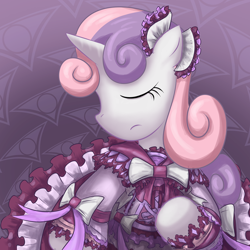 Size: 800x800 | Tagged: safe, artist:saturnspace, character:sweetie belle, clothing, dress, eyes closed, female, lolita fashion, solo